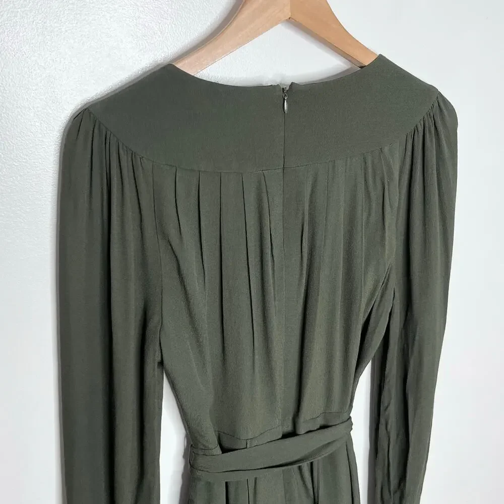Gal Meets Glam Olive Green Faux Wrap Tie Waist Mini Dress Long Sleeve US 2 - Picture 8 of 10